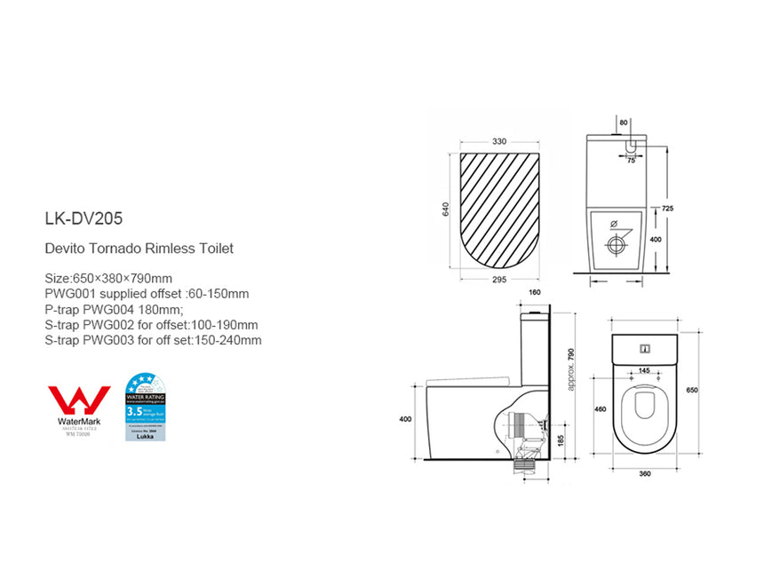 Technical dimensions diagram for Lukka Devito Tornado rimless toilet, 650x380x790mm by Tilemall