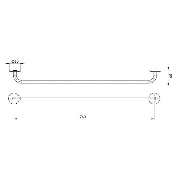 Phoenix Festival Single Towel Rail 760mm Chrome, technical line drawing with dimensions