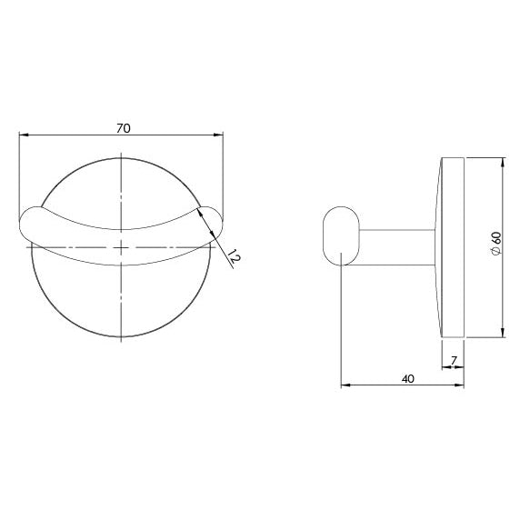Phoenix Festival Robe Hook Chrome, technical line drawing with dimensions