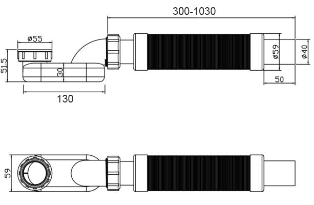 Technical specifications diagram for Lukka bathtub flexi pipe showing 300–1030mm adjustable length by Tilemall