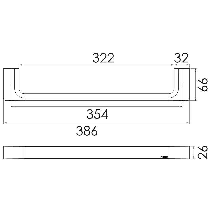Phoenix Gloss Hand Towel Rail Chrome, technical line drawing with dimensions