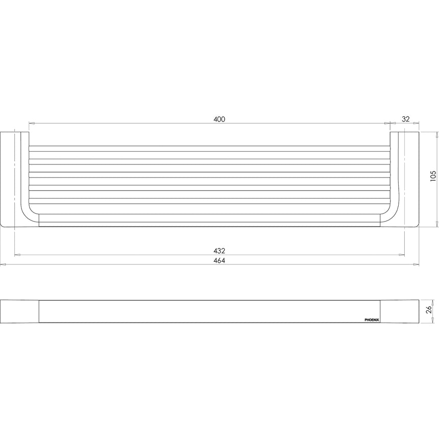 Phoenix Gloss Shower Shelf Matte Black, technical line drawing with dimensions