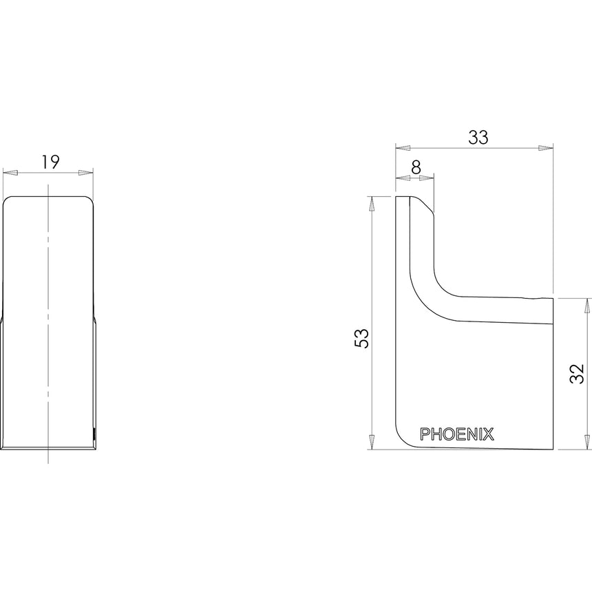 Phoenix Gloss Robe Hook Matte Black, technical line drawing with dimensions