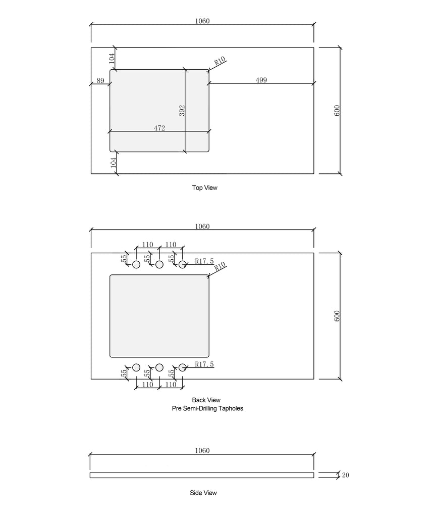 Dimension drawing of 1060mm laundry stone top showing sink cut-out and semi-drilled tap holes