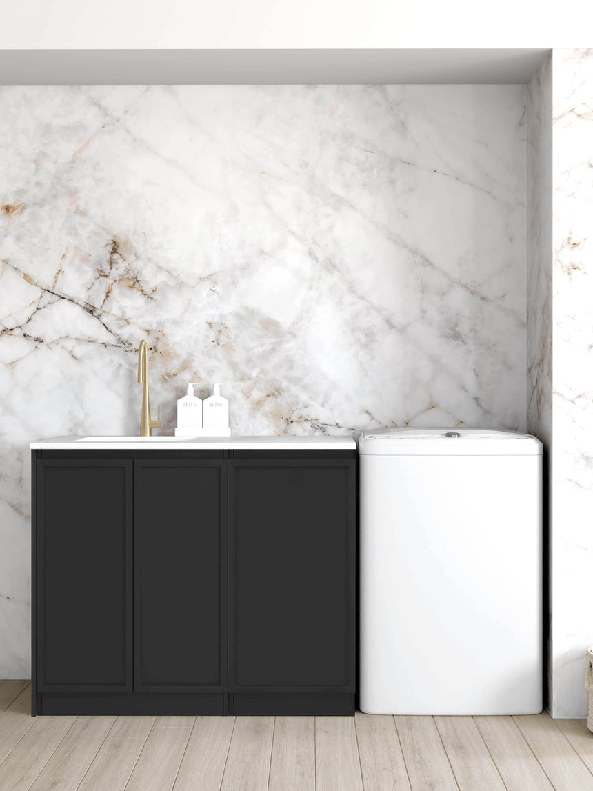Otti Hampshire 1060mm matte black laundry set with Natural Carrara White Marble top in a laundry