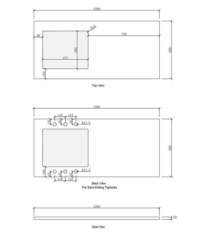 Dimension drawing of 1300mm laundry stone top showing sink cut-out and semi-drilled tap holes