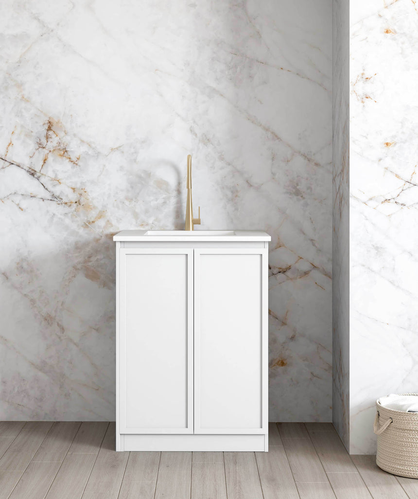 Otti Hampshire 650mm matte white laundry base cabinet with stone top and undermount sink