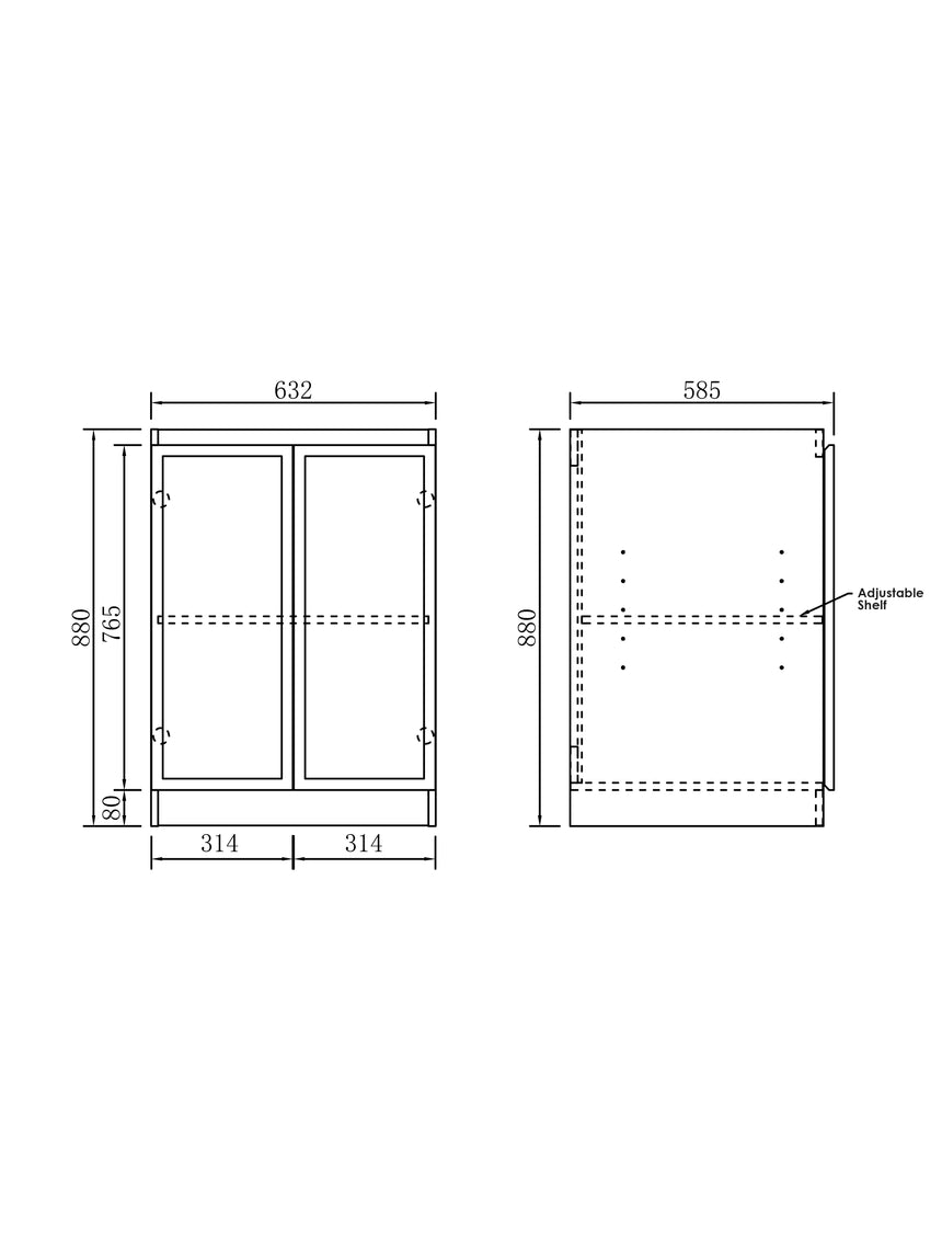 Dimension drawing of Otti Hampshire 630mm laundry base cabinet