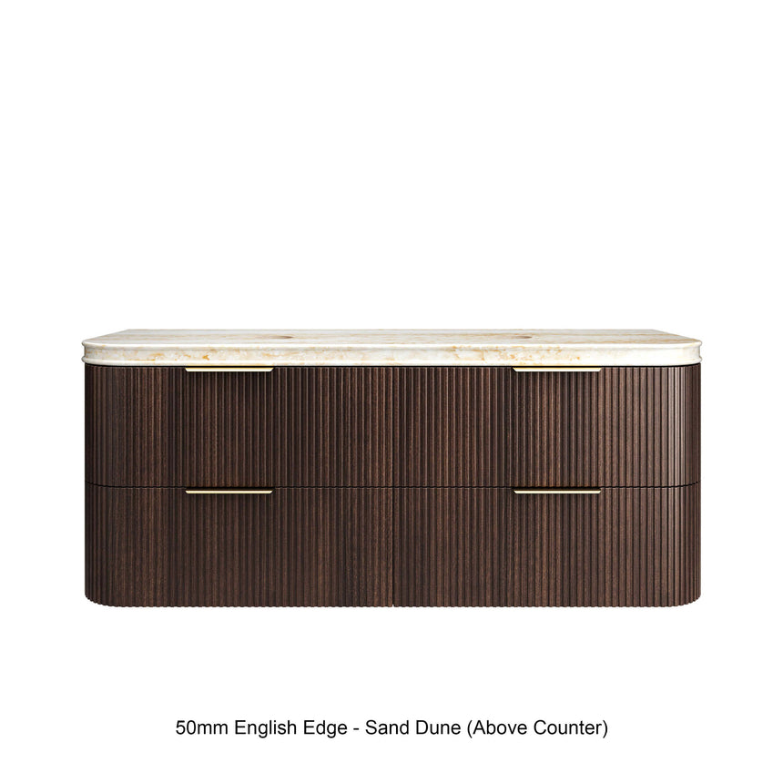 Havana Sable Walnut Fluted Wall Hung Double Basin Vanity 50mm English Edge Top