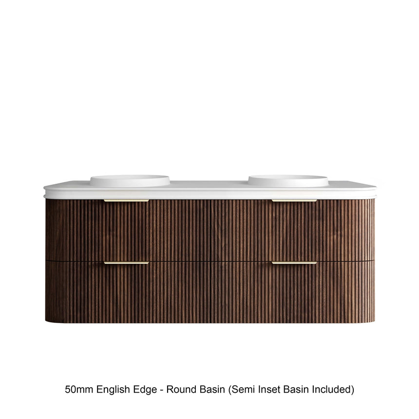 Havana Sable Walnut Fluted Wall Hung Double Basin Vanity 50mm English Edge Top