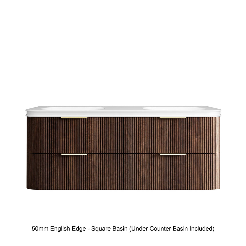 Havana Sable Walnut Fluted Wall Hung Double Basin Vanity 50mm English Edge Top