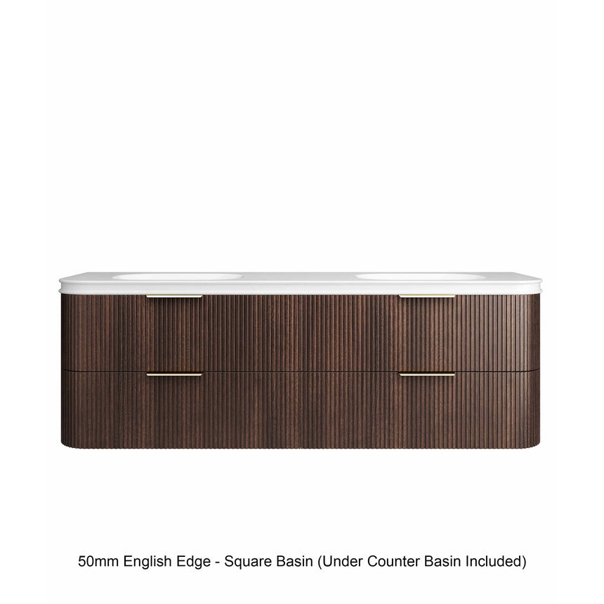 Havana Sable Walnut Fluted Wall Hung Double Basin Vanity 50mm English Edge Top