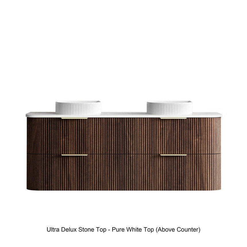 Havana Sable Walnut Fluted Wall Hung Double Basin Vanity Ultra Delux Stone Top