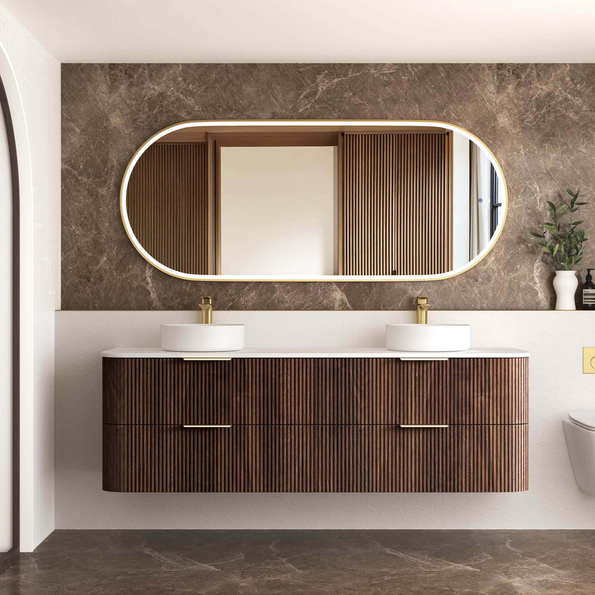 Havana Sable Walnut Fluted Wall Hung Double Basin Vanity Ultra Delux Stone Top