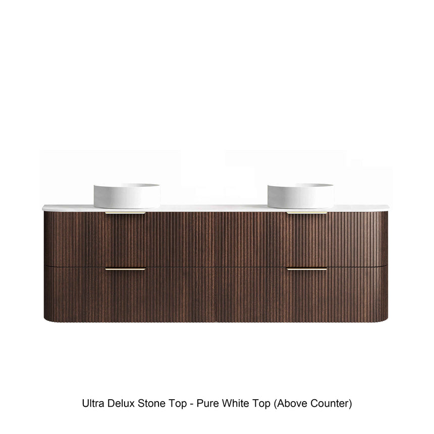 Havana Sable Walnut Fluted Wall Hung Double Basin Vanity Ultra Delux Stone Top