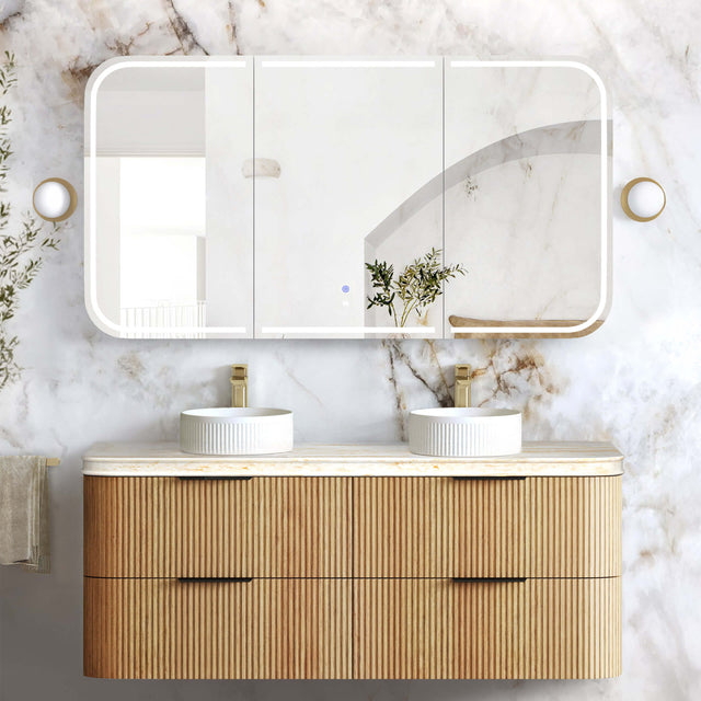 Havana Woodland Oak Fluted Wall Hung Double Basin Vanity 50mm English Edge Top Vanity Otti Australia 1500mm Round Basin Moulded Top
