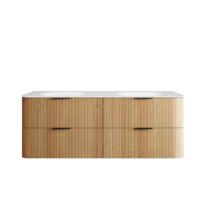 Havana Woodland Oak Fluted Wall Hung Double Basin Vanity Chloe Silk Top Vanity Otti Australia 1500mm
