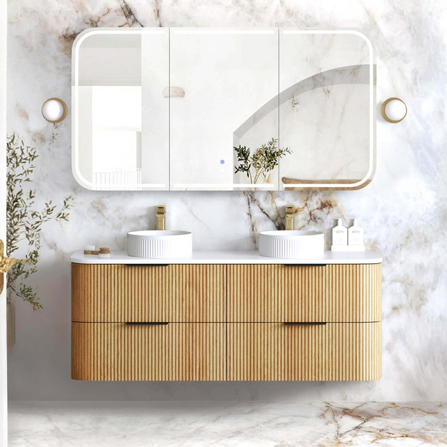Havana Woodland Oak Fluted Wall Hung Double Basin Vanity Ultra Delux Stone Top Vanity Otti Australia 1500mm Cloudy Carrara Top