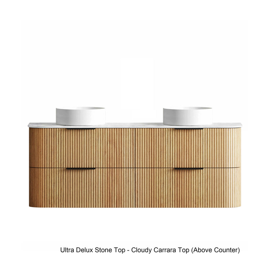 Havana Woodland Oak Fluted Wall Hung Double Basin Vanity Ultra Delux Stone Top Vanity Otti Australia