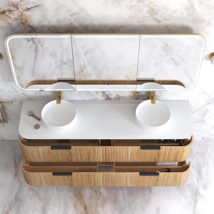 Havana Woodland Oak Fluted Wall Hung Double Basin Vanity Ultra Delux Stone Top Vanity Otti Australia