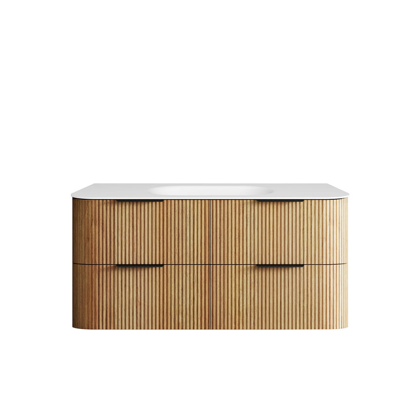 Havana Woodland Oak Fluted Wall Hung Single Basin Vanity Chloe Silk Top Vanity Otti Australia 1200mm