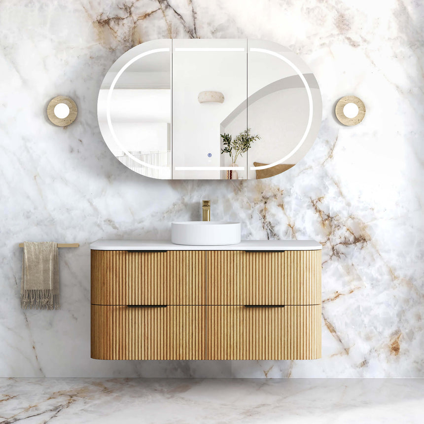 Havana Woodland Oak Fluted Wall Hung Single Basin Vanity Ultra Delux Stone Top Vanity Otti Australia 1200mm Cloudy Carrara Top