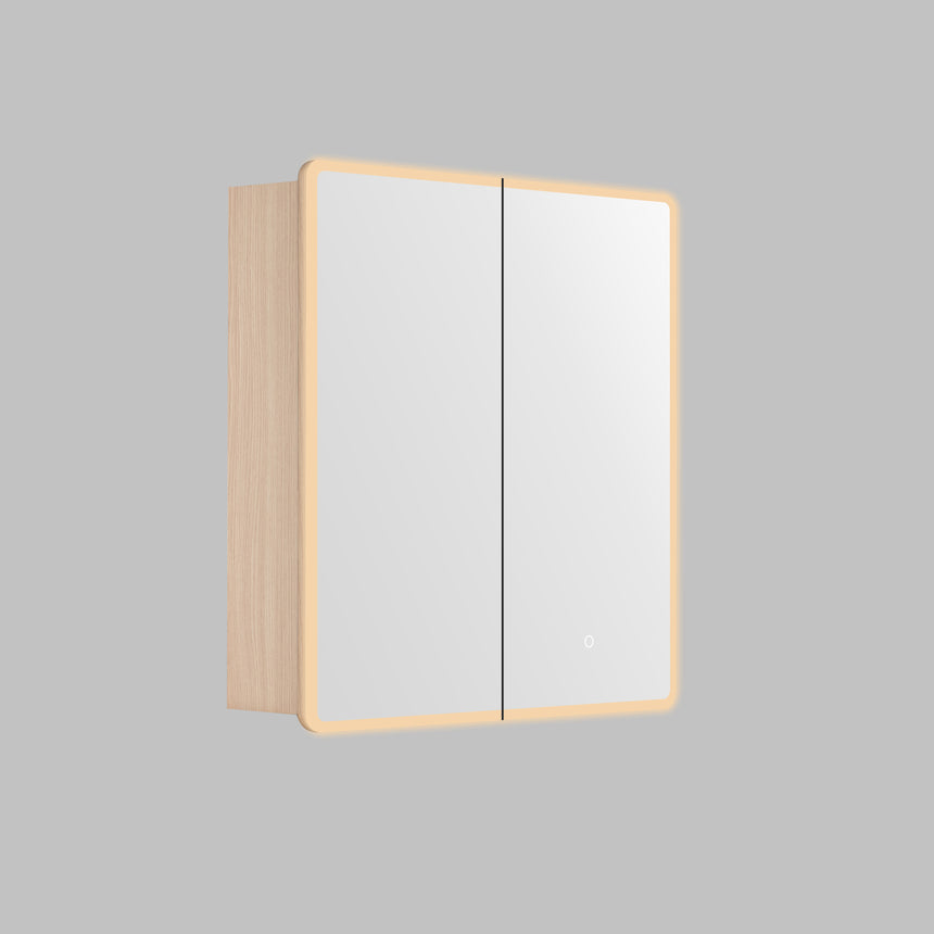 Lukka Avola PVC Triple LED Shaving Cabinet Avola PVC LED shaving cabinet 750x750mm sandy oak woodmatte single door by Tilemall