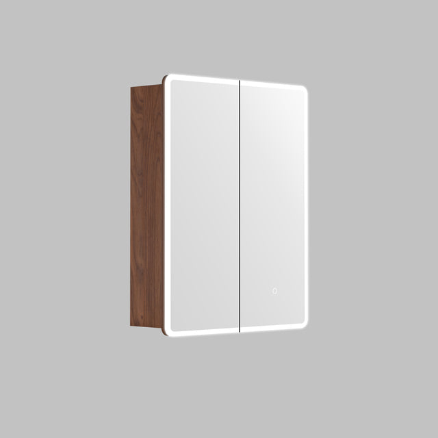 Lukka Avola PVC 600x750mm triple-door LED shaving cabinet in mocha oak woodmatte finish by Tilemall