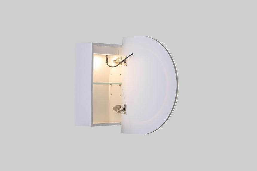 Lukka Allison Triple LED Shaving Cabinet Allison matte white LED shaving cabinet interior showing shelves and mirror backing by Tilemall