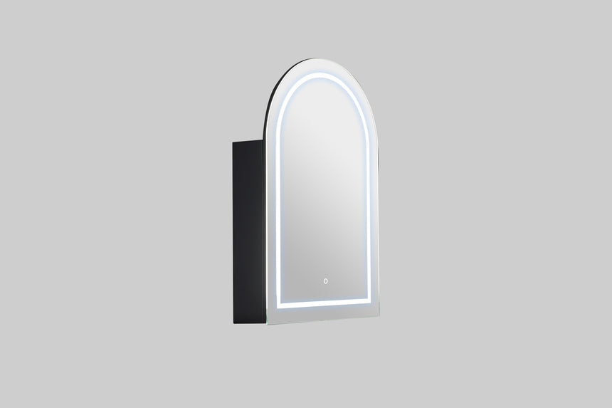 Lukka Allison Triple LED Shaving Cabinet 600x900mm Allison matte black LED cabinet with cool white frame and open door by Tilemall
