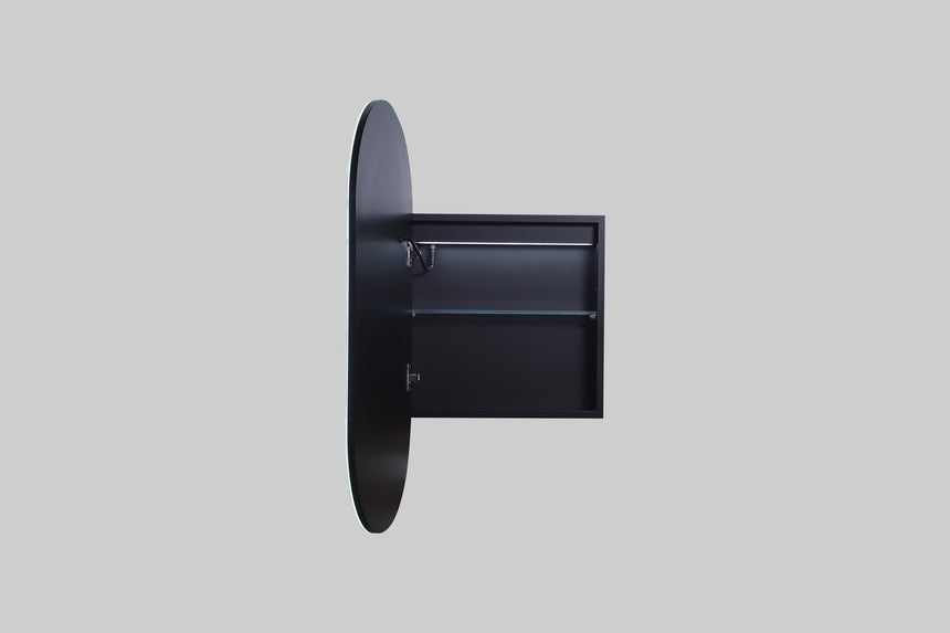 Lukka Allison Triple LED Shaving Cabinet allison LED shaving cabinet side view showing matte white oval body and recessed by Tilemall