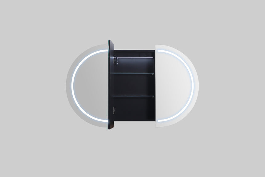 Lukka Allison Triple LED Shaving Cabinet 1200mm open door showing matte white interior and black shelving by Tilemall