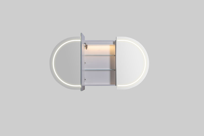 Lukka Allison Triple LED Shaving Cabinet 1200mm open door with warm LED strip lighting illuminated by Tilemall