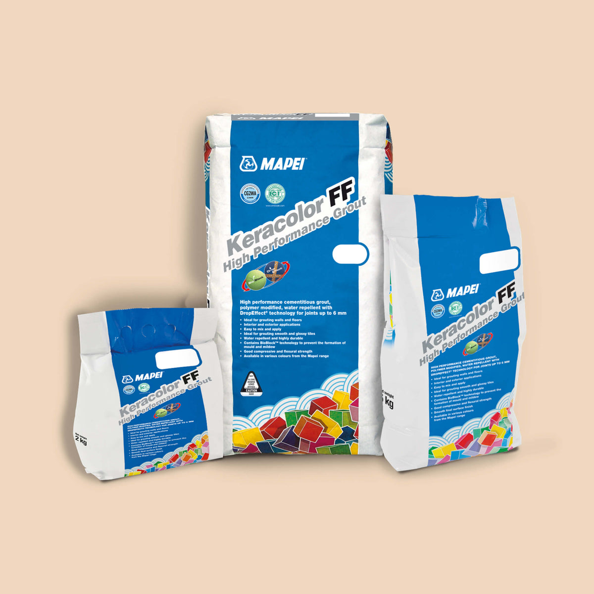 Mapei Keracolor FF 20kg beige grout bags, three pack sizes, by Tilemall