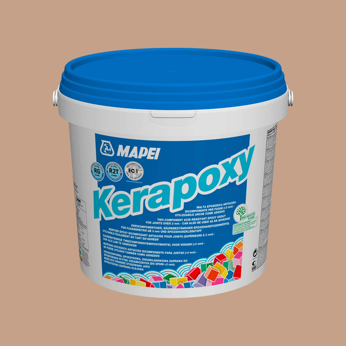 Mapei Kerapoxy 10kg caramel epoxy grout in white bucket with blue lid by Tilemall