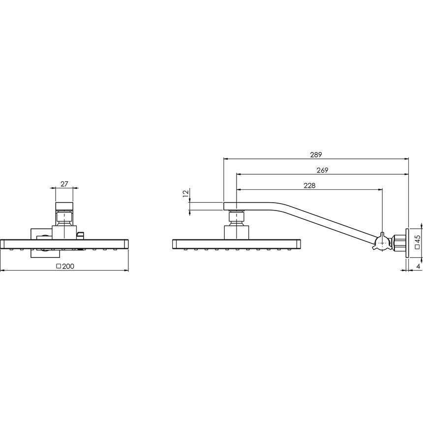 Phoenix Lexi Universal Shower Arm & 200mm Square Rose Chrome, technical line drawing with dimensions