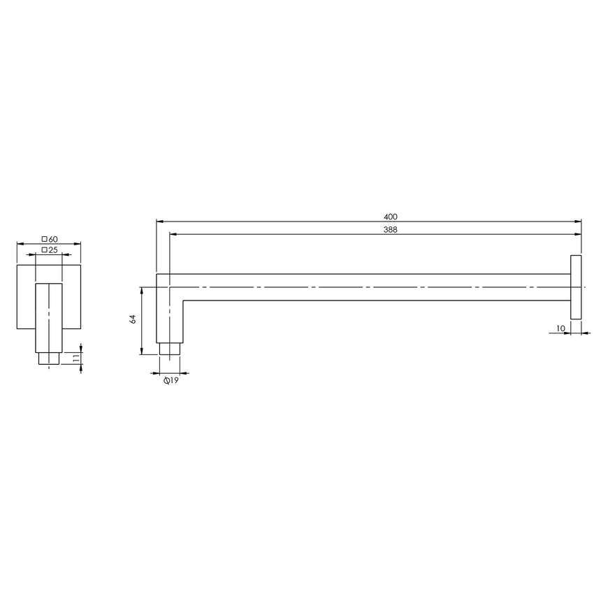 Phoenix Lexi Shower Arm 400mm Square Chrome, technical line drawing with dimensions