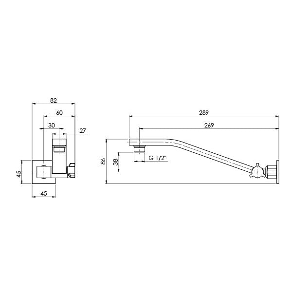 Phoenix Lexi Universal Shower Arm Chrome, technical line drawing with dimensions