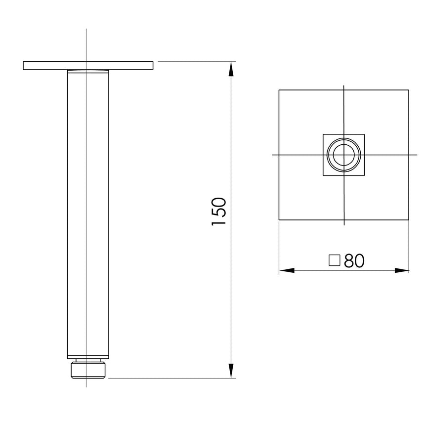 Phoenix Lexi Ceiling Arm 150mm Chrome, technical line drawing with dimensions