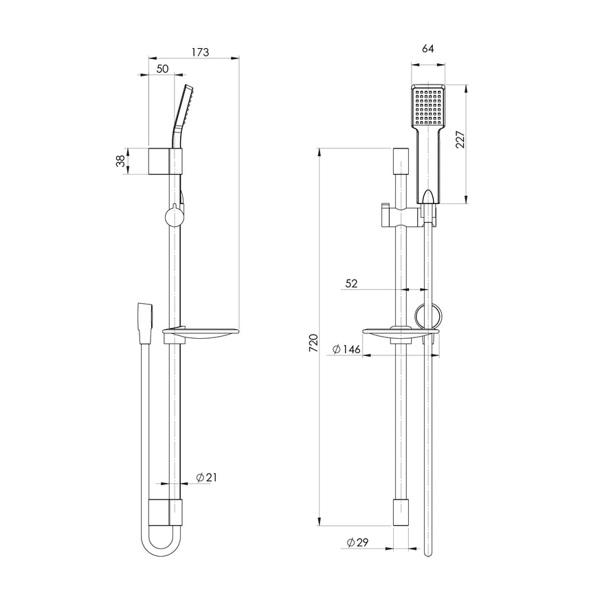 Phoenix Lexi Rail Shower Chrome, technical line drawing with dimensions