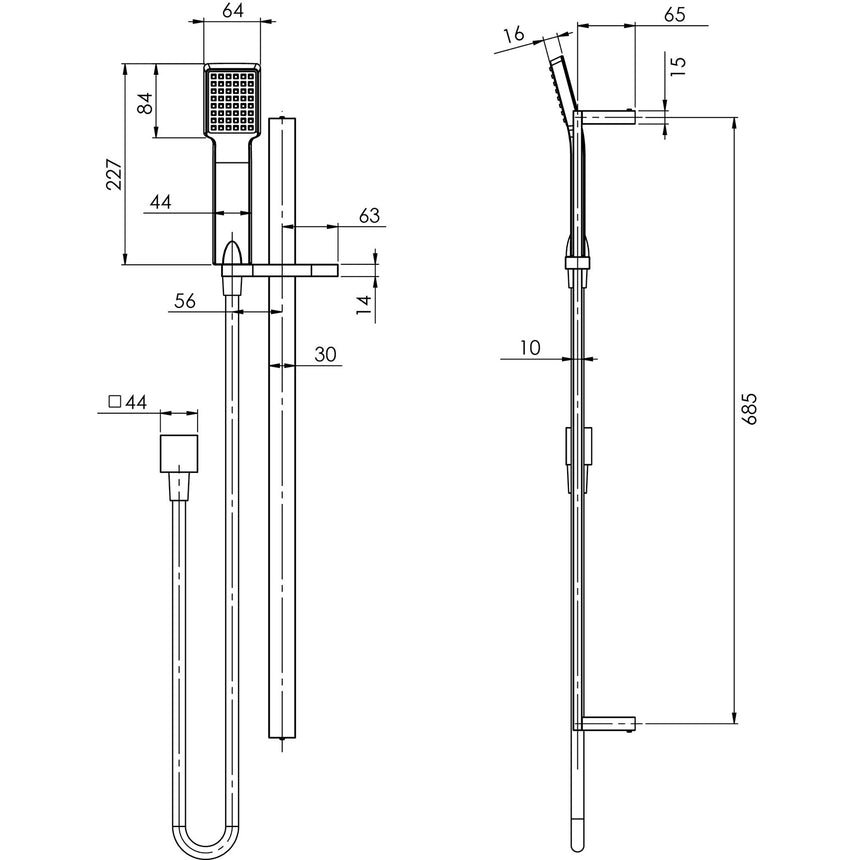 Phoenix Lexi Deluxe Rail Shower Brushed Nickel, technical line drawing with dimensions