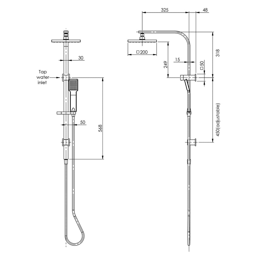 Phoenix Lexi Twin Shower Chrome, technical line drawing with dimensions