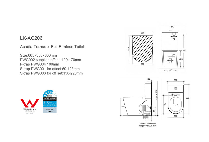 Technical dimensions diagram for Lukka Acadia Tornado 605x380x830mm toilet suite by Tilemall