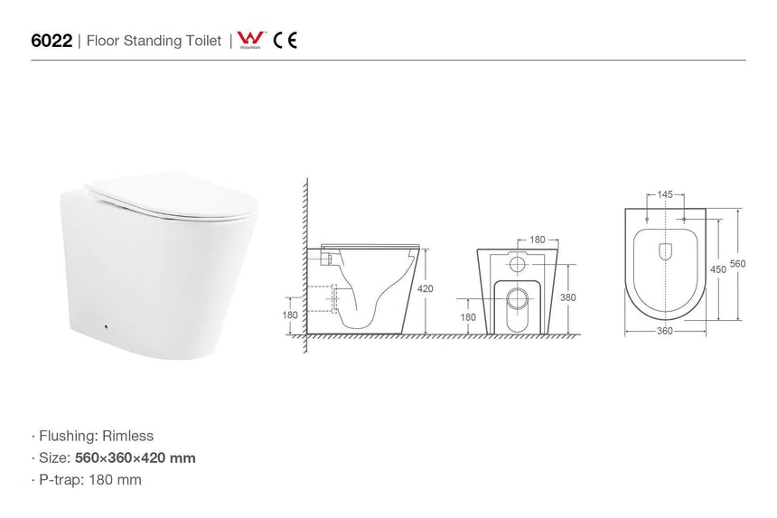 Technical dimensions diagram for Lukka Agena 560x360x420mm floor-standing toilet with P-trap 180mm by Tilemall