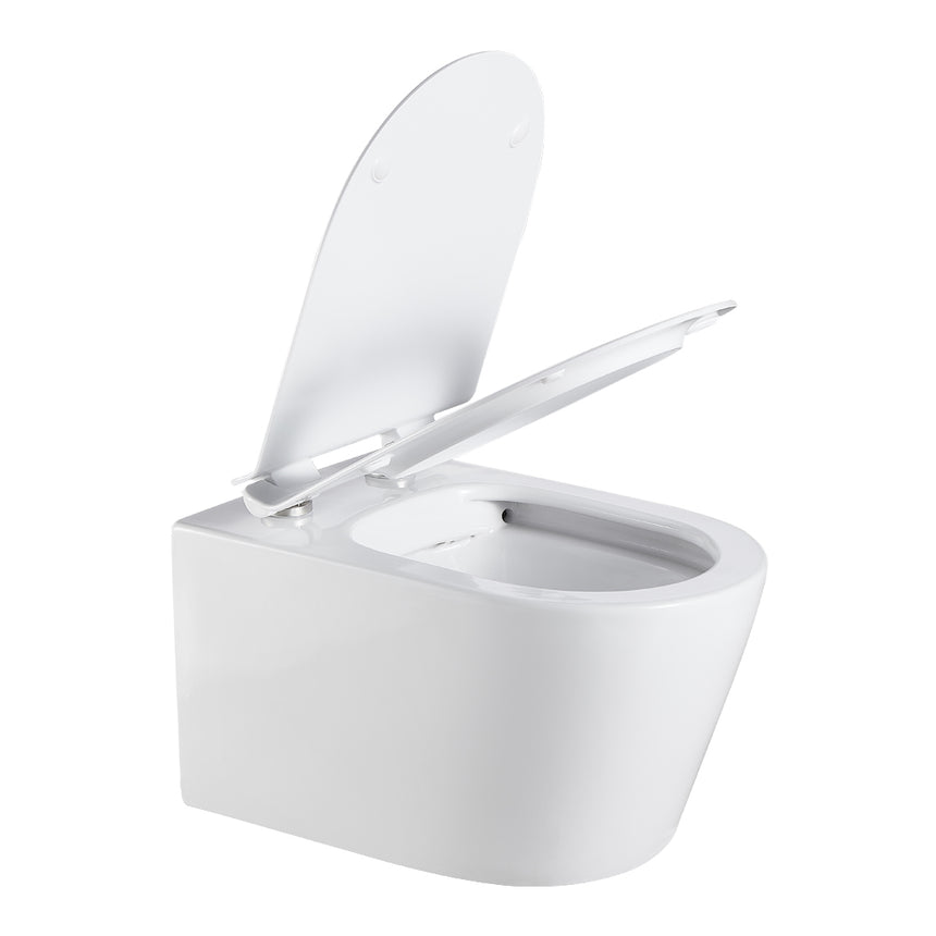Lukka Agena wall-hung toilet with seat open showing rimless porcelain bowl by Tilemall