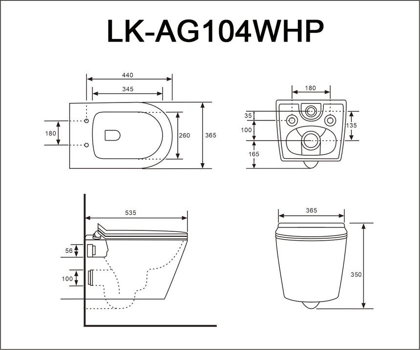 Technical dimensions diagram for Lukka Agena LK-AG104WHP wall-hung toilet pan by Tilemall