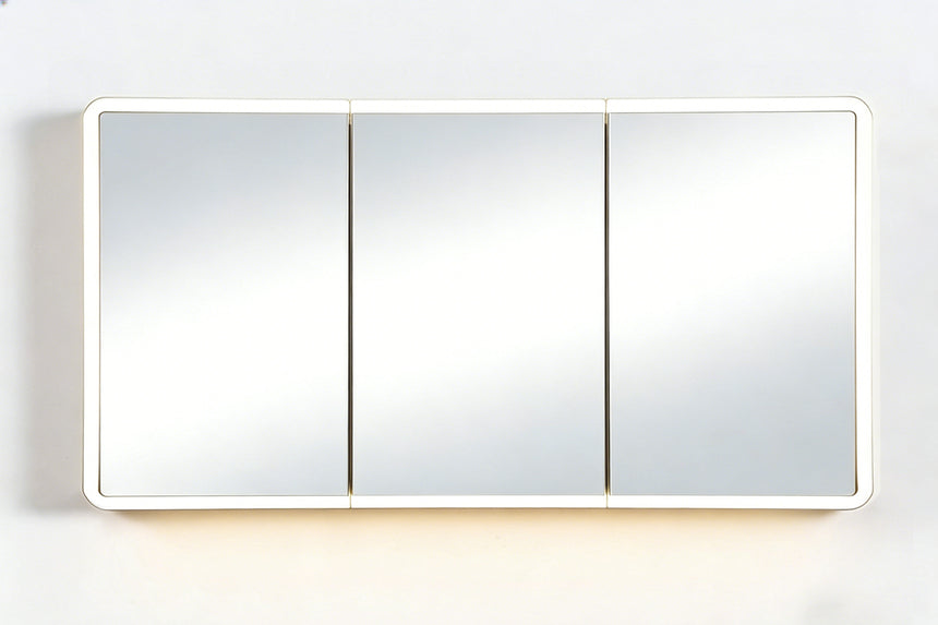 Lukka Avola PVC Triple LED Shaving Cabinet close-up of Avola cabinet hinge mechanism and mounting bracket by Tilemall