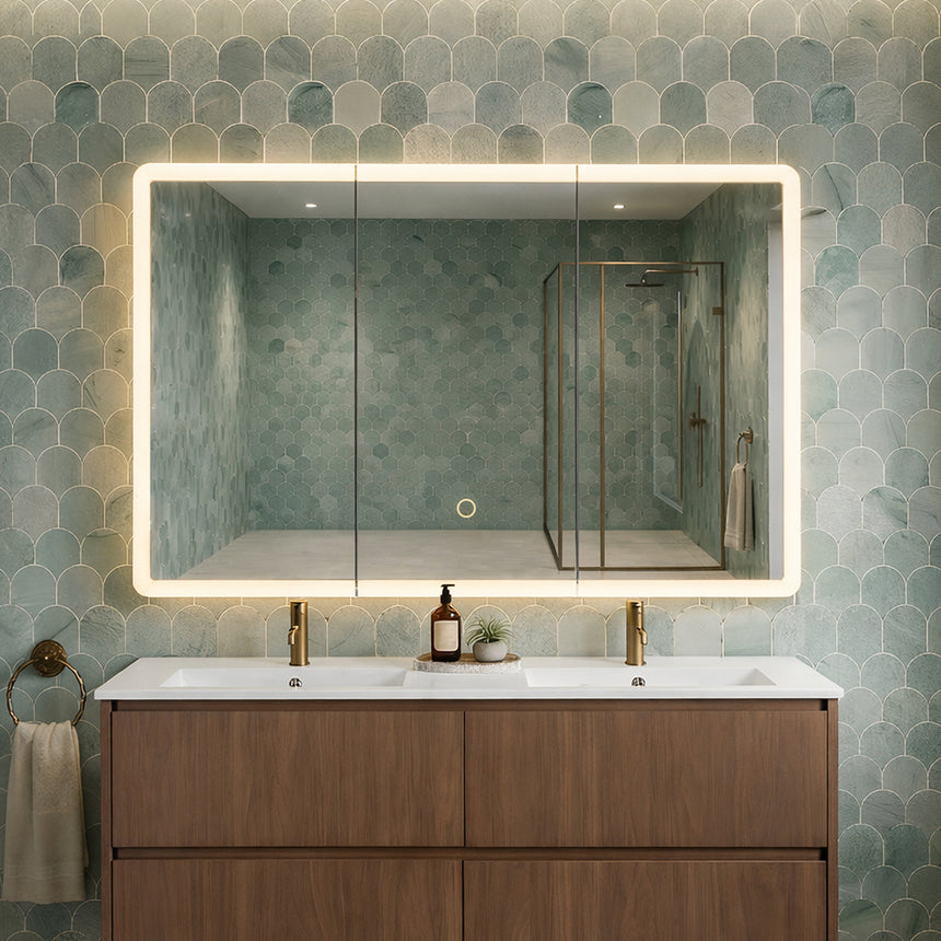 Lukka Avola PVC Triple LED Shaving Cabinet 1200x750mm Avola cabinet interior with three shelves and LED top lighting by Tilemall