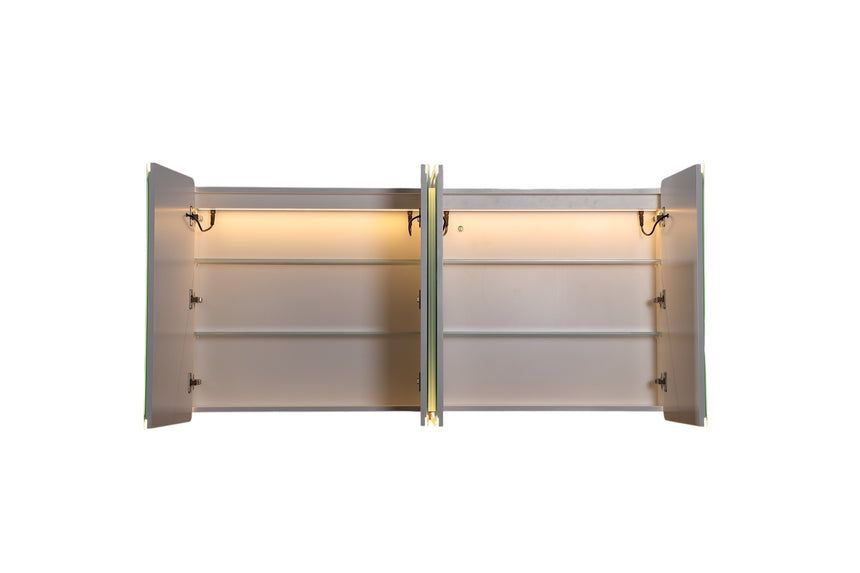 Lukka Avola PVC Triple LED Shaving Cabinet avola three-door cabinet fully open showing storage shelves and LED strip by Tilemall
