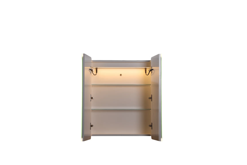 Lukka Avola PVC Triple LED Shaving Cabinet interior view of Avola shaving cabinet showing shelves and LED strip lighting by Tilemall